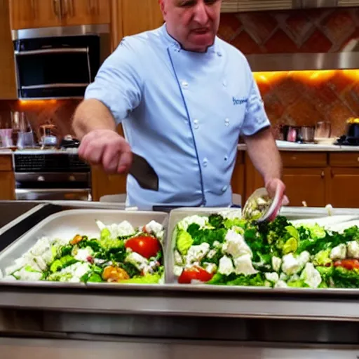 Prompt: Cook Chief Kevin O'Leary cooking a greek salad, in Shark Tank (2016)