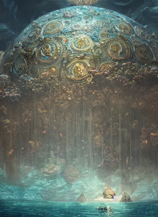 Image similar to masterpiece artwork of a underwater dome inside the wild sea, au naturel, hyper detailed, digital art, trending in artstation, cinematic lighting, studio quality, smooth render, unreal engine 5 rendered, octane rendered, art style by klimt and nixeu and ian sprigger and wlop and krenz cushart