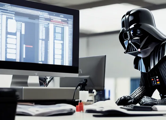 Image similar to film still of Darth Vader working in and office at a computer bored in the new Star Wars movie, 4k