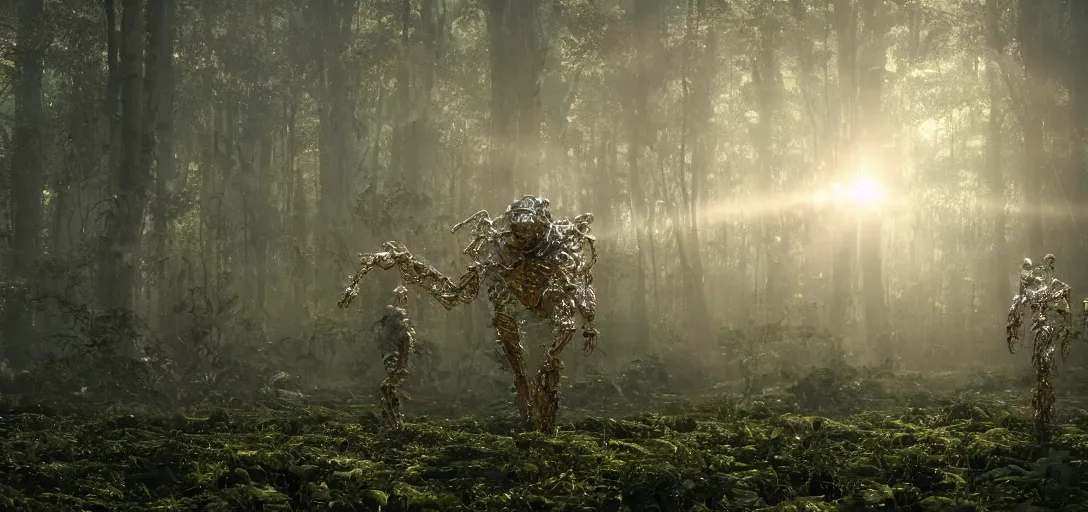 Image similar to a complex organic fractal 3 d metallic symbiotic ceramic humanoid megastructure creature in a swampy lush forest, foggy, cinematic shot, photo still from movie by denis villeneuve, wayne barlowe, sun rays, golden hour