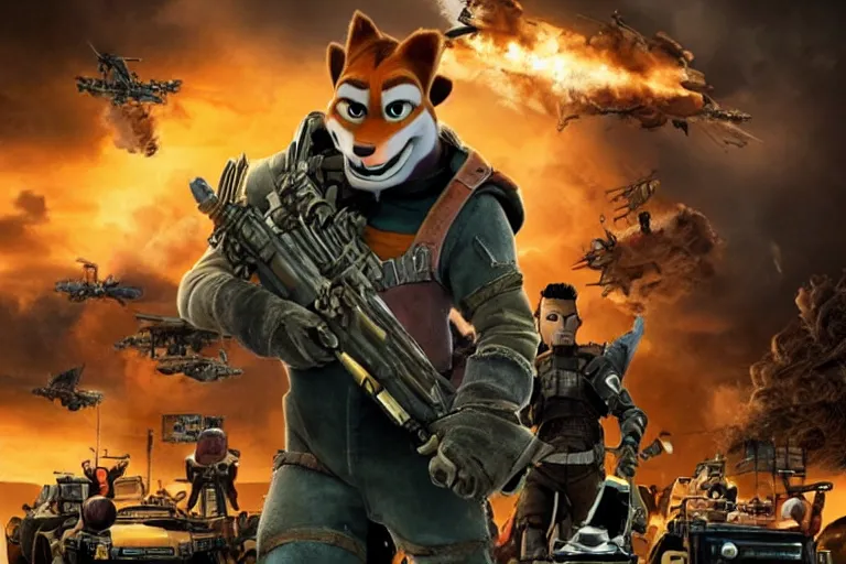 Image similar to nick wilde, heavily armed and armored facing down armageddon in a dark and gritty reboot from the makers of mad max : fury road