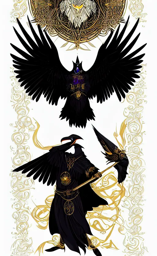 Image similar to raven headed male warlock doing wind magic, white and gold robes, exquisite details, full body character design on a white background, by studio muti