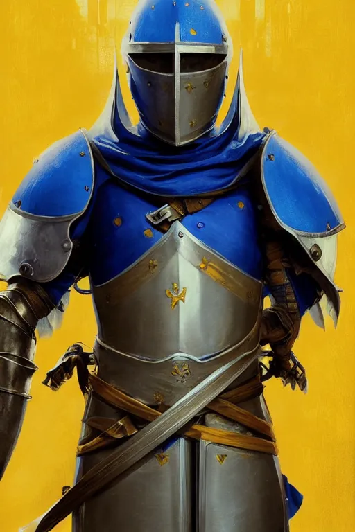 Image similar to medieval knight modern technology, blue and yellow flags, realistic portrait full body, symmetrical, highly detailed, digital painting, artstation, concept art, smooth, sharp focus, illustration, cinematic lighting, art by artgerm and greg rutkowski and alphonse mucha