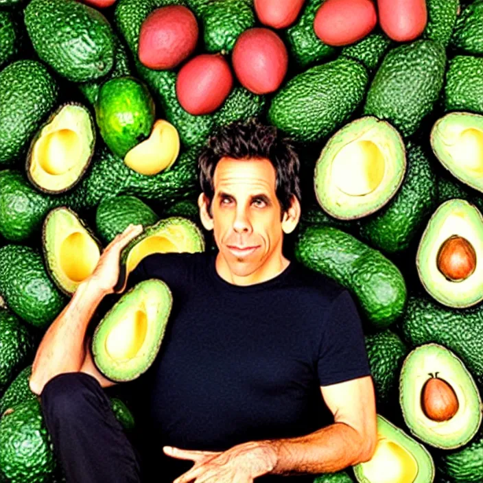 Image similar to ben stiller in the lotus position balancing stack of avocado on his head