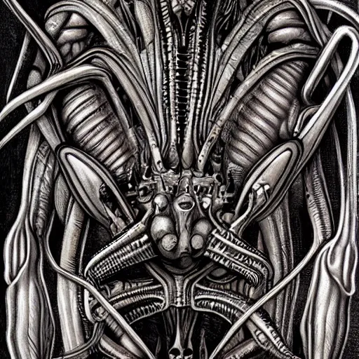 Image similar to gullum, style of h. r. giger, highly detailed, sharp, dark