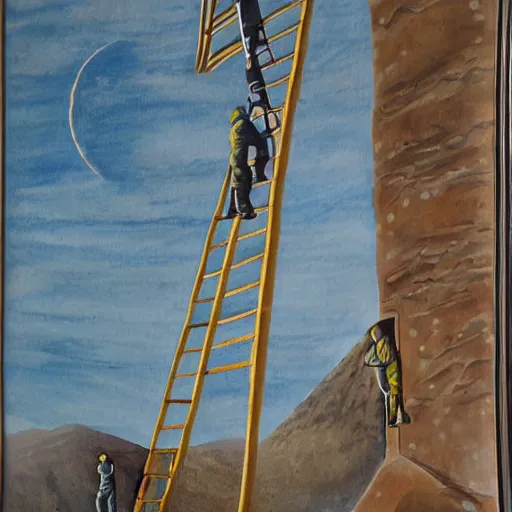 Image similar to a 1500's painting of people climbing a ladder to the moon