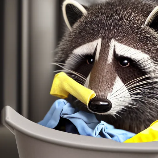 Image similar to raccoon dog doing his laundry, photorealistic, 4K