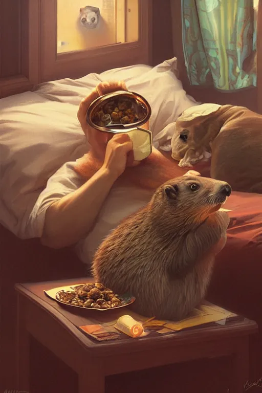 Image similar to groundhog smoking pot lies on the bed, realistic portrait, highly detailed, digital painting, artstation, concept art, smooth, sharp focus, illustration, cinematic lighting, art by artgerm and greg rutkowski and alphonse mucha