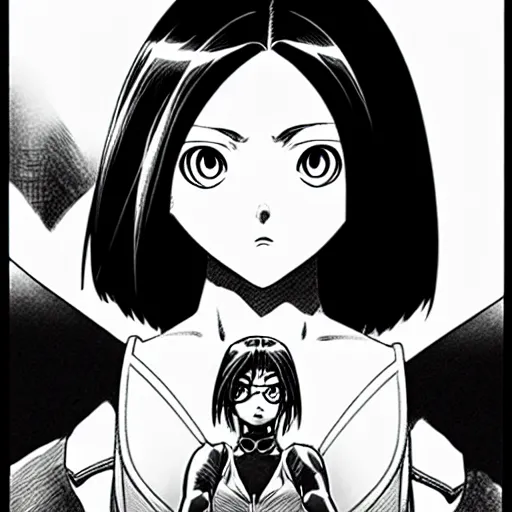 Image similar to alita by yukito kishiro. medium shot. black and white manga. pencil drawing.