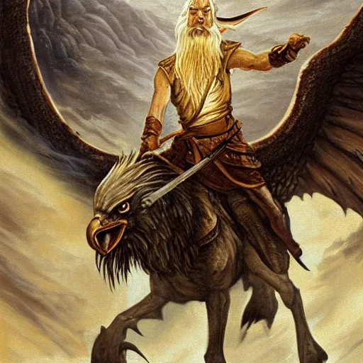 Prompt: Gandalf Riding on the Back of the Giant Golden Eagle Gwaihir, Epic Fantasy Painting from Lord of the Rings
