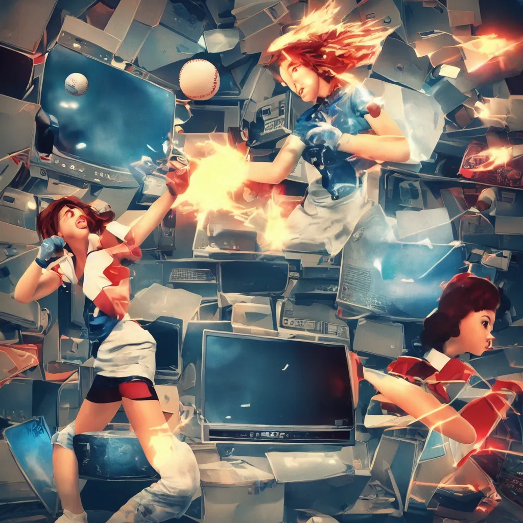 Image similar to ps 1 cover art of a girl smashing a crt tv with a baseball, octane render, aesthetic, polygons