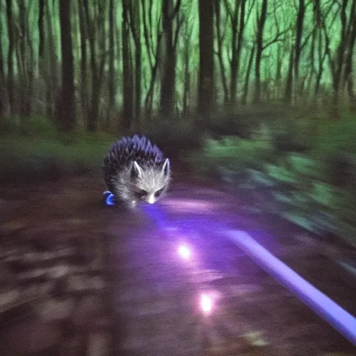 Image similar to midnight trail cam footage of a Sonic the Hedgehog in a dark forest, flash photo, grainy, motion blur