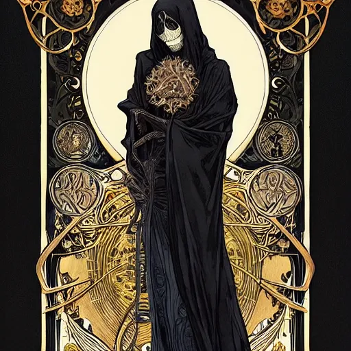 Prompt: a skeleton in a black cloak, highly detailed, very intricate, art nouveau, gold filigree, tarot concept art watercolor illustration by mandy jurgens and alphonse mucha and alena aenami, featured on artstation