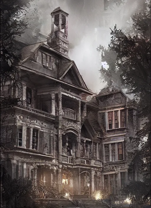 Prompt: the haunted house , architectually correct, Dynamic lighting, cinematic, establishing shot, extremely high detail, photo realistic, cinematic lighting, , post processed denoised, concept design, concept art, artstation, matte painting, midjourney, style by alex ross, neal adam