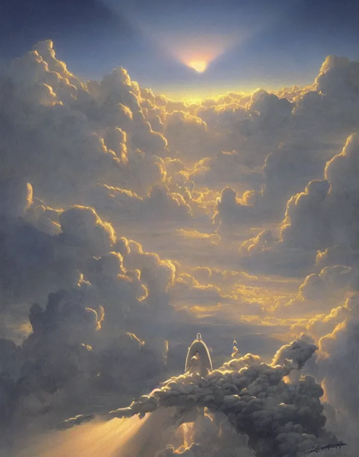 Image similar to Gates of heaven in the clouds by ralph mcquarrie, concept art, ultra realistic, super detailed, photorealistic, cinematographic, epic lighting, religious