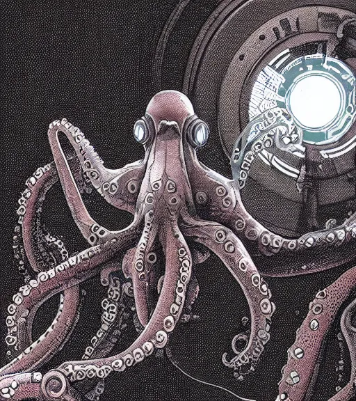 Image similar to a cybernetic realistic octopus in a space station, techwear, Industrial Scifi, detailed illustration, character portrait, by Martin Grip and Moebius