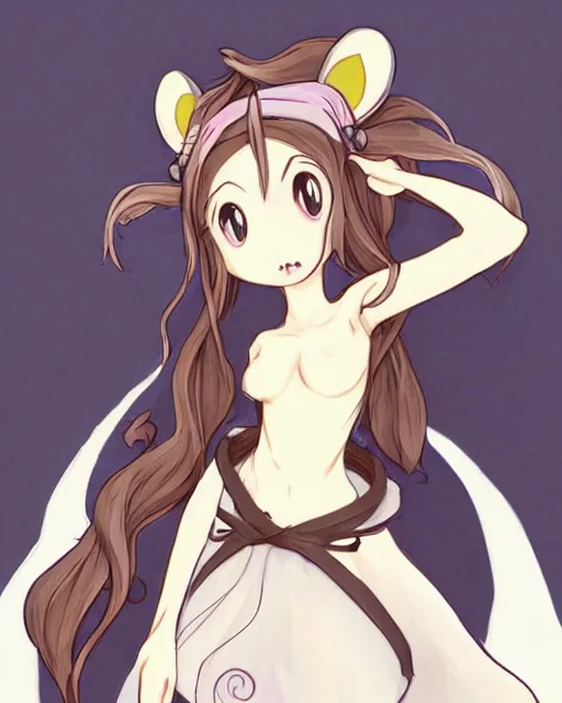 Image similar to A cute wakfu-style frontal painting of a very very beautiful anime skinny mousegirl with long wavy brown colored hair and small mouse ears on top of her head wearing a cute black dress and black shoes looking at the viewer, elegant, delicate, feminine, soft lines, higly detailed, smooth , pixiv art, ArtStation, artgem, art by alphonse mucha Gil Elvgren and Greg rutkowski, high quality, digital illustration, concept art, very long shot