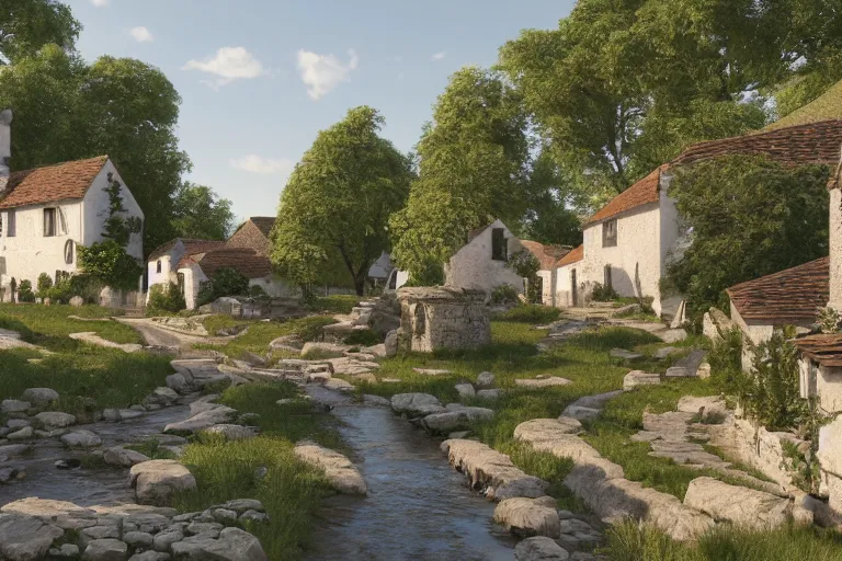 Image similar to A small medieval village with white rectangular architecture in an open field, a winding white stone pathwalk and a small brook running through, clear blue skies in the background, by Sylvain Sarrailh, D&D, high fantasy, 8k photorealistic, cinematic lighting, HD, high details, concept art, trending on artstation