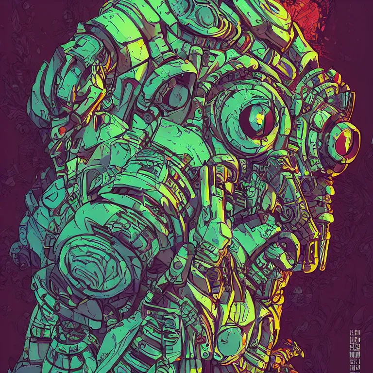 Prompt: totem robot tribal mask, gemstone, gear, plant, video game illustration, vivid color, borderlands and by feng zhu and loish and laurie greasley, victo ngai, andreas rocha, john harris