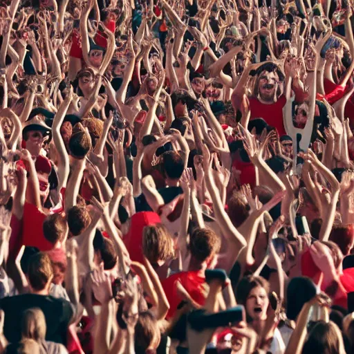 Prompt: a red cgi person inside a crowd of white people