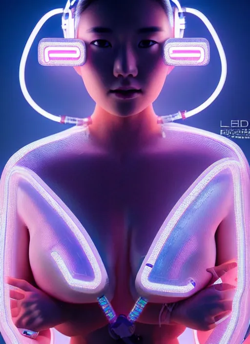 Image similar to an asian female humanoid with freckled cheeks, cyber neon lighting, futurism, intricate futuristic led fashion jewelry, cyberpunk glossy white latex swimwear, profile posing, hyper photorealistic, crispy quality, digital photography, trending in artstation, trending in pinterest, cinematic, 4 k ultra hd, art by pascal blanche, art by greg rutkowski,