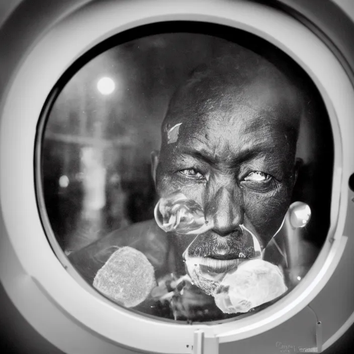 Prompt: analogue photo of an African tribal chief looking out the porthole window of a spaceship, close-up, planet earth in porthole reflection, photo shot by martha cooper, 35mm,