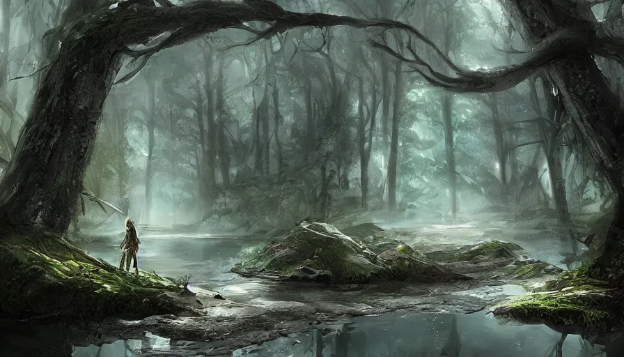 Image similar to sword stuck in a pond island, rainy enchanted forest of the ancients, moody high exposure, digital painting, concept art, photoshop speedpaint, by lihangw