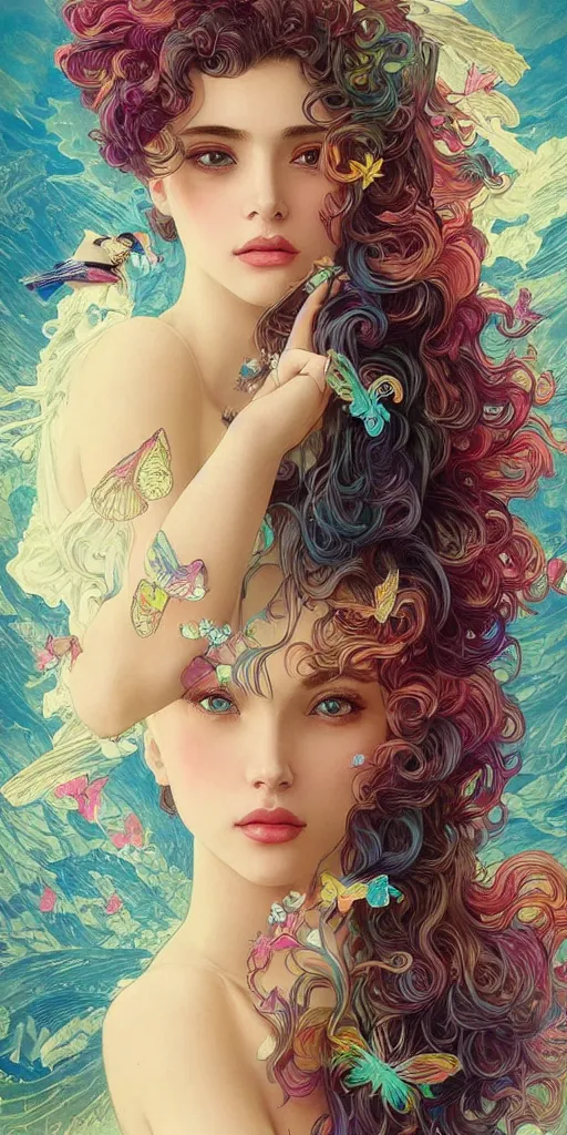 Prompt: surreal hair, beautiful, young woman, extremely detailed gorgeous face, sad eyes tears, vaporwave aesthetic, synthwave, colorful, long luxurious intricate gown digital, flowers, butterflies, birds, painting, artstation, concept art, smooth, sharp focus,high definitition, illustration, art by artgerm and greg rutkowski and alphonse mucha