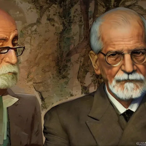 Prompt: freud versus jung, videogame screenshot by greg rutkowski