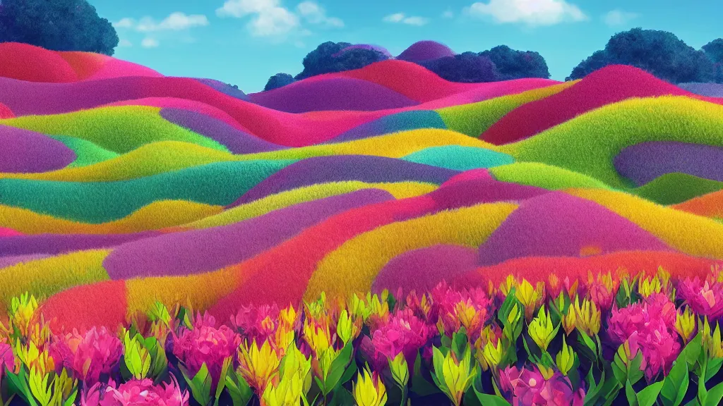 Prompt: digital illustration of a field of multi - colored megaflora frangipani flowers by dr. seuss, reimagined by ilm and beeple : 1 | spectral color, electric color, rolling hills : 0. 9 | fantasy : 0. 9 | unreal engine, deviantart, artstation, hd, 8 k resolution : 0. 8