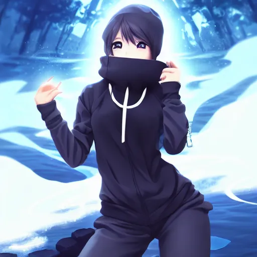 Image similar to advanced anime character art render, beautiful anime girl wearing a black orca skin hoodie outfit ,big blue watery eyes, mid shot , medium shot, Rossdraws, WLOP , Sakimimichan