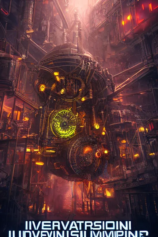 Prompt: a movie poster, invasion of the tripmachines, realistic digital art, 3 d render of a huge futuristic steampunk generator inside a steampunk machinery, 8 k, fluorescent colors, halluzinogenic, multicolored, exaggerated detailed, unreal engine