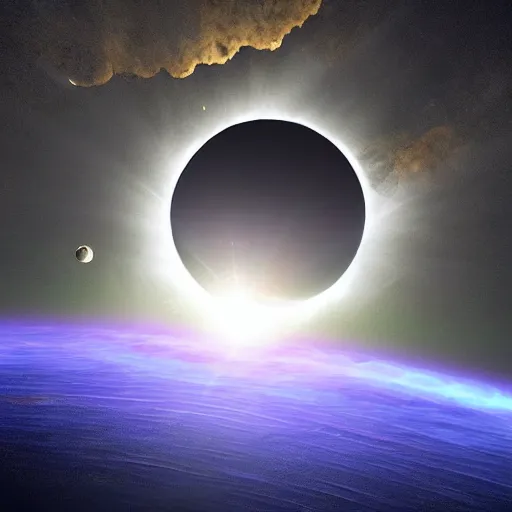 Image similar to hexagon sun shields floating in space, unreal engine, digital art, solar eclipse, seen from earth