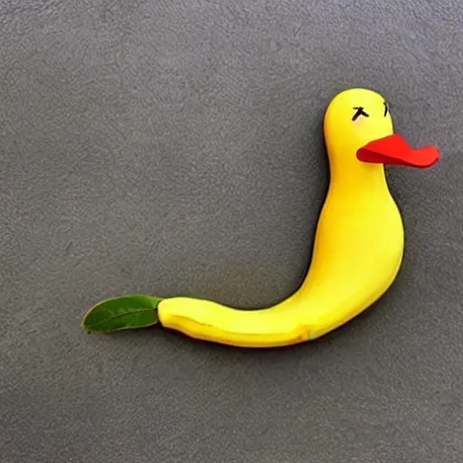 Image similar to a banana in the shape of a duck. A duck in the shape of a banana. Banana duck. Banana with duck face.