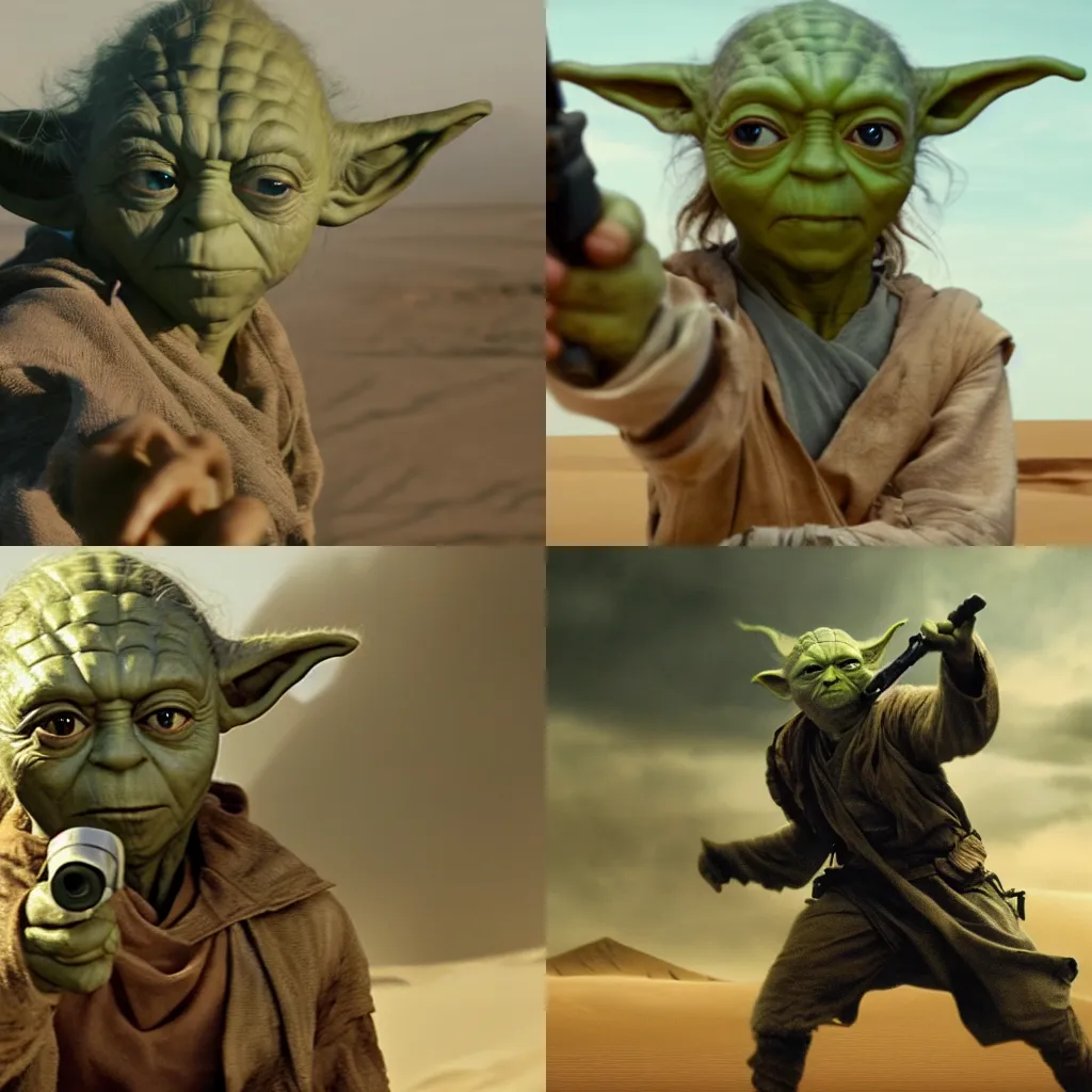 Prompt: film still of Yoda in the film Mad Max Fury Road, 4k wallpaper