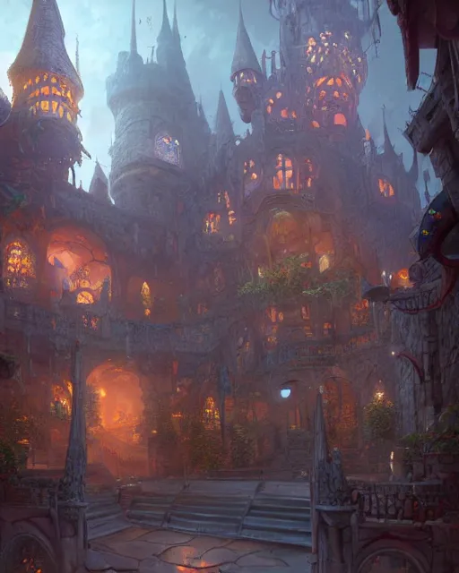 Image similar to big hazzle at the robust fantasy castle courtyard, calming, uplifting mood, ultra realistic, funny, small buildings, highly detailed, epic lighting, illuminated, cinematic, morning, art by eddie mendoza