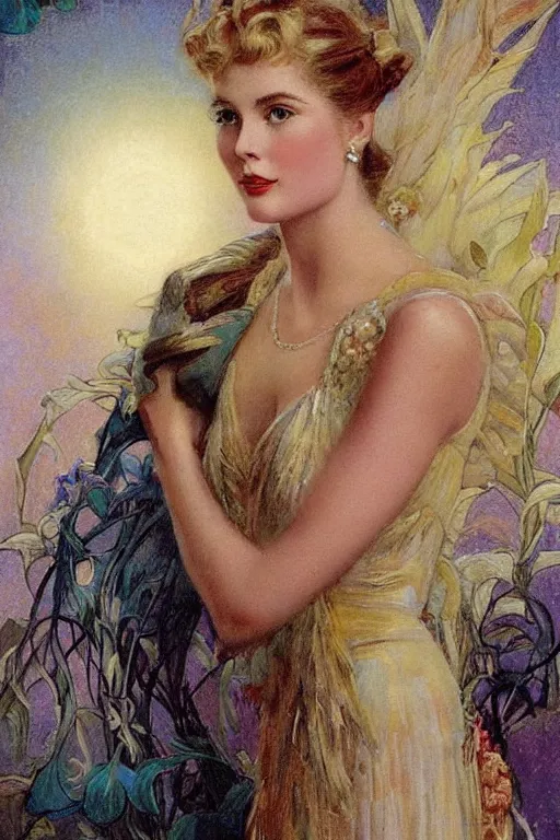 Prompt: A young and extremely beautiful Grace Kelly explaining the birds and the bees in the style of Gaston Bussière, art nouveau, art deco. Extremely lush detail. Night scene. Perfect composition and lighting. Surreal. A shaft of moonlight illuminates her.