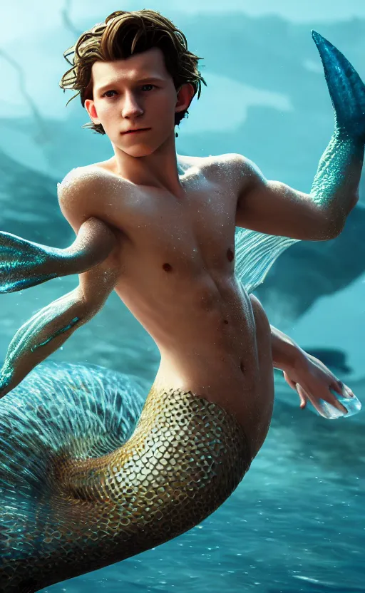 Image similar to tom holland as a charming mermaid work safe dreamlike with jewelry, character art, hyperdetailed, 8 k realistic, frostbite 3 engine, cryengine, dof, trending on artstation, digital art