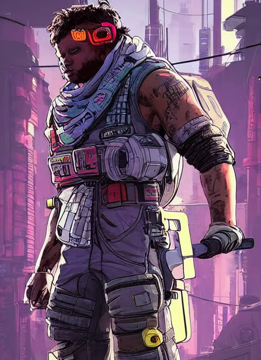 Image similar to greg. apex legends buff cyberpunk weight lifter. concept art by james gurney and mœbius. gorgeous face, cinematic, dramatic lighting ( cyberpunk 2 0 7 7 ), clean aesthetic