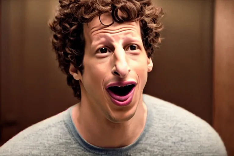 Prompt: a cinematic still of ((andy samberg)) astonished, masterpiece