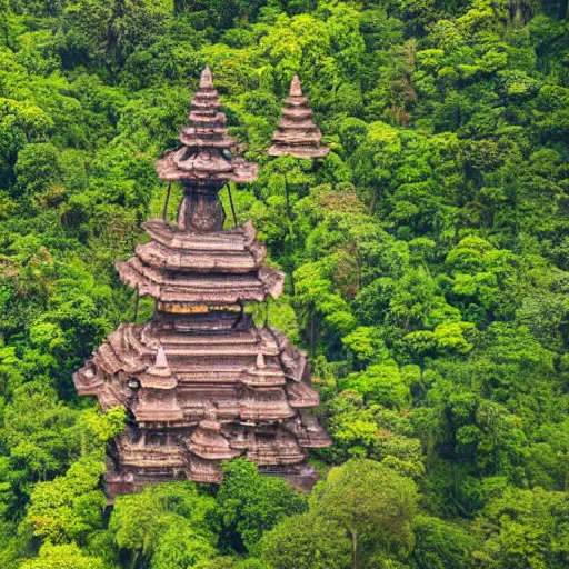 Prompt: aerial hd photograph of indonesian tribe in jungle with temple