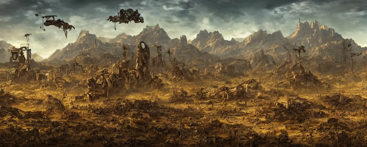 Image similar to apocalypse landscape, ruins and mountain in the background, broken rusty robots scattered on the ground, masterpiece 4k, intricate details, realistic, panoramic view, Hyperdetailed, 8k resolution, intricate art nouveau