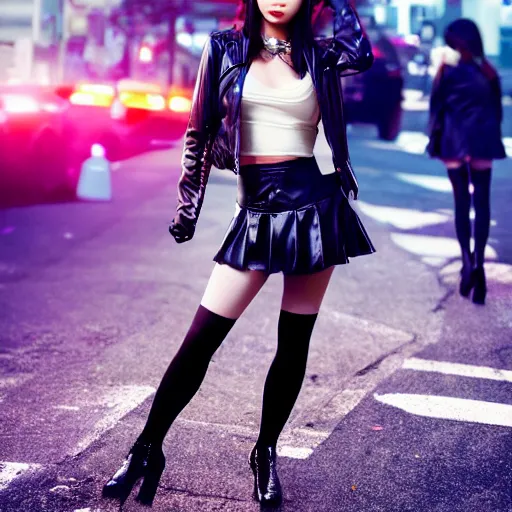 Prompt: a dynamic, epic cinematic 8K HD movie shot of a japanese beautiful cute young J-Pop idol actress yakuza rock star girl wearing leather jacket, miniskirt, nylon tights, high heels boots, gloves and jewelry. Motion, VFX, Inspirational arthouse, at Behance, with Instagram filters