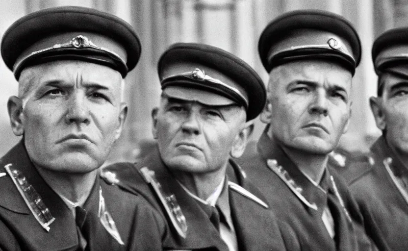 Image similar to 50s movie still full-lenght portrait of soviet generals with very detailed faces sit at the parlement, by Alexei Guerman , Cinestill 800t 35mm black and white, heavy grainy picture, very detailed, high quality, 4k, HD criterion, precise texture