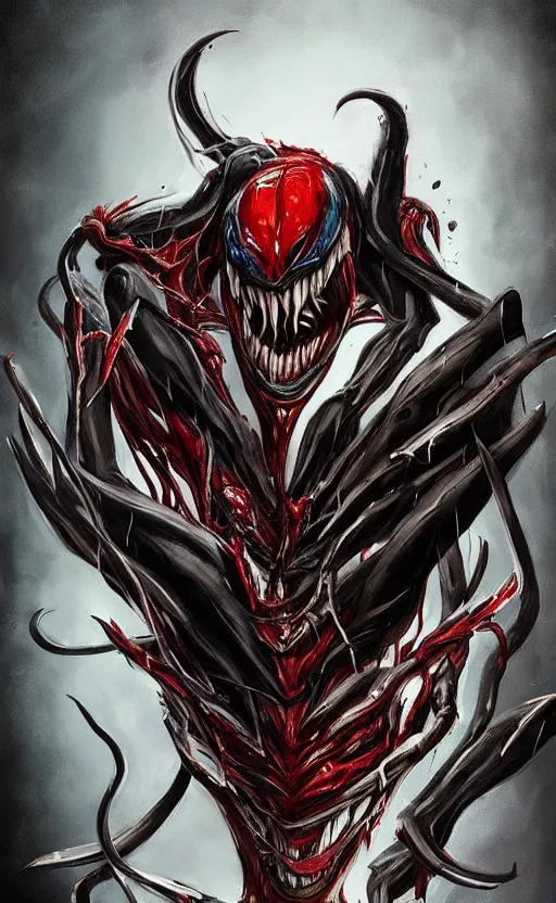 Image similar to ''venom combined with chainsaw man, venomized, creepy art, hyperrealistic art, digital art, cinematographic, concept art, artstation, 8 k''