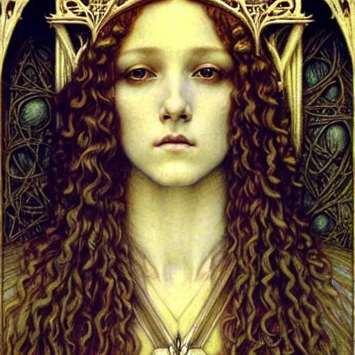 Image similar to detailed realistic beautiful young medieval queen face portrait by jean delville, gustave dore and marco mazzoni, art nouveau, symbolist, visionary, gothic, pre - raphaelite. horizontal symmetry