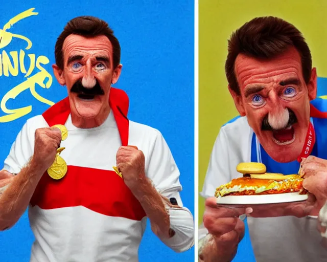 Prompt: Barry Chuckle wins the gold medal at the burger eating contest, trending on Artstation