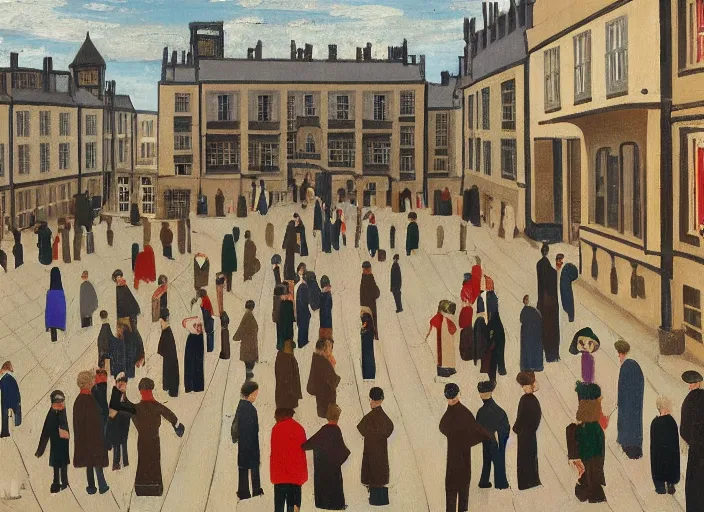 Image similar to a scene from a wes anderson movie painted by ls lowry