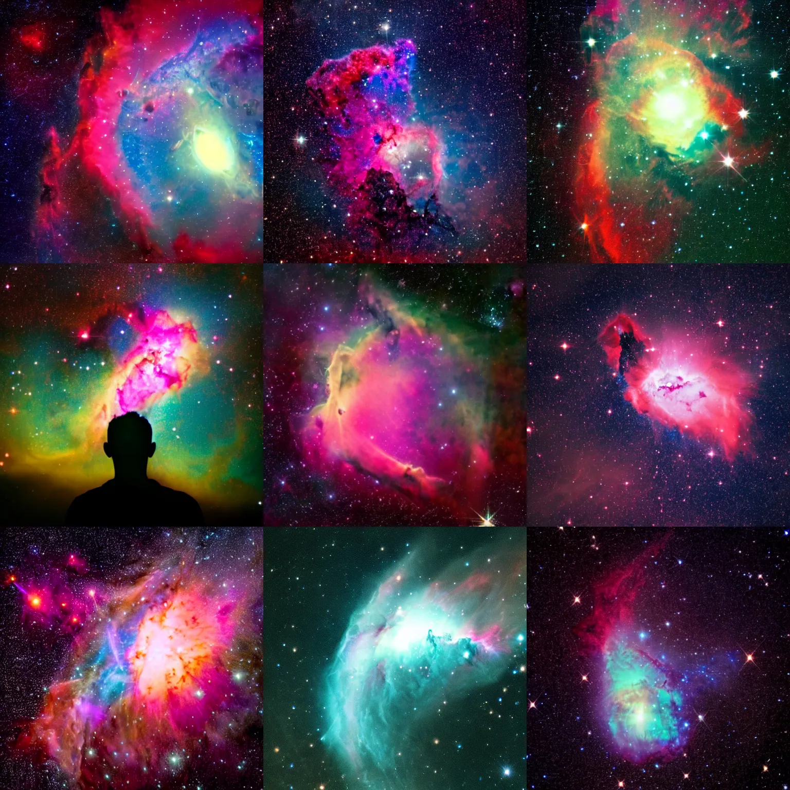 Prompt: a nebula forms the silhouette of a man, stars as eyes, astrophotography, colorful