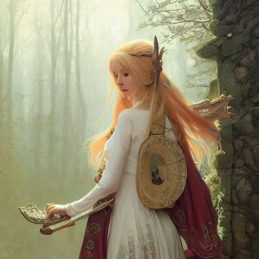 Image similar to elf fairy blond with a beautiful face, holding a lute, wearing a cardigan, highly detailed, intricate, digital painting, artstation, sharp focus, illustration, art by jakub rozalski, greg rutkowski, artgerm, tan zi and ayanamikodon and alphonse mucha and wlop